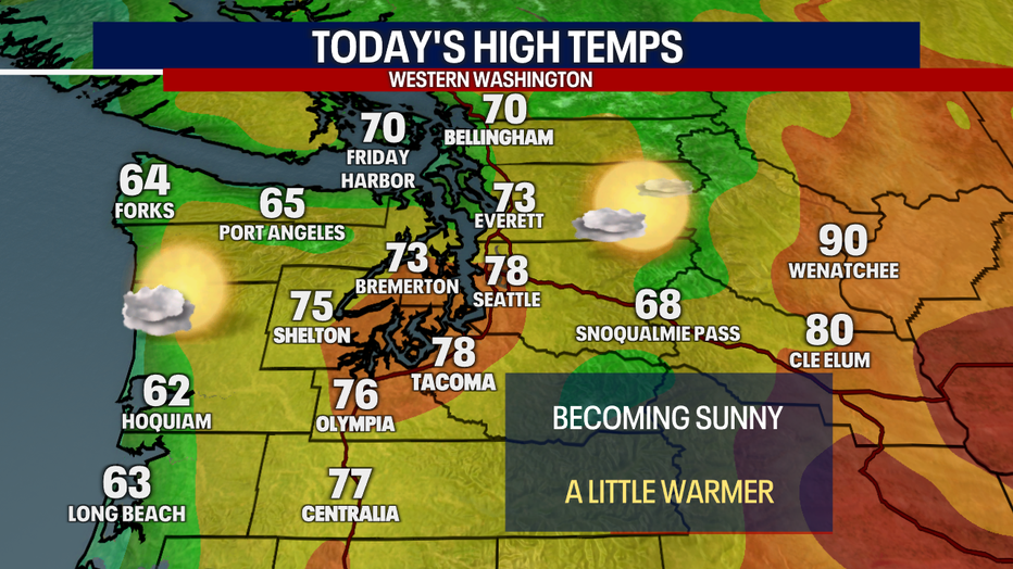 A map showing Thursday's forecast in Western Washington.