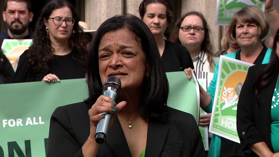 Rep. Jayapal at a Washington for All press event, 2026