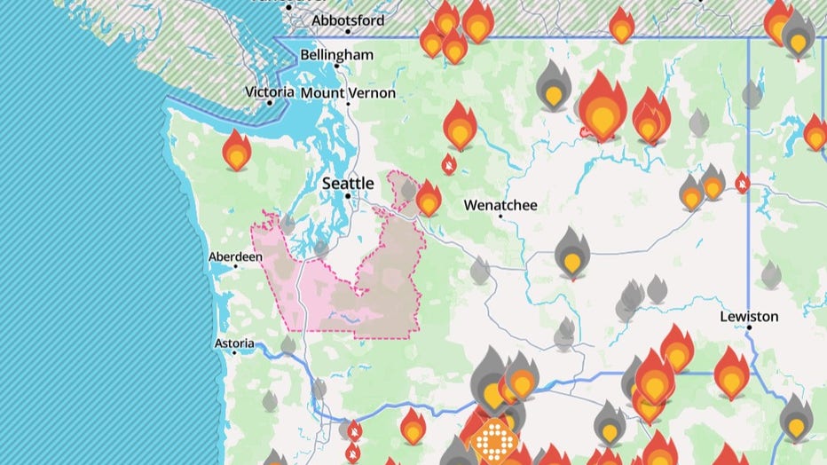 Map of wildfires burning in Washington state (July 22, 2026).