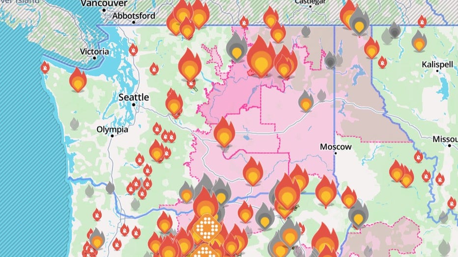 Map showing wildfires burning in Washington State on July 24, 2026.