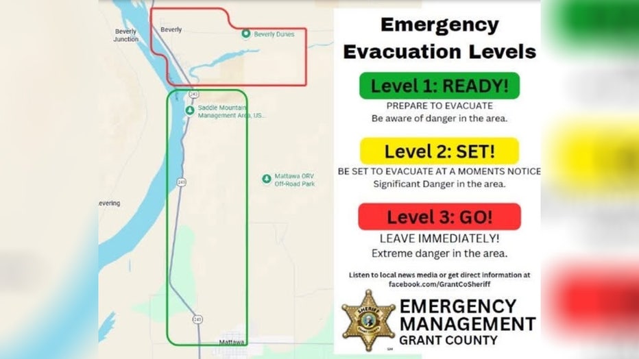 Fire crews and state mobilized resources are responding to a large, wind-driven wildfire named the Railroad Fire in Grant County. Level 3 (Go Now) evacuations are in effect for the entire town of Beverly, the entire town of Schwana, and along Lower Crab Creek Road up to 5 miles east of State Route 243. A Level 1 (Get Ready) evacuation notice was issued for State Route 243 from Morrison Street in Schwana south to Road 24-SW.