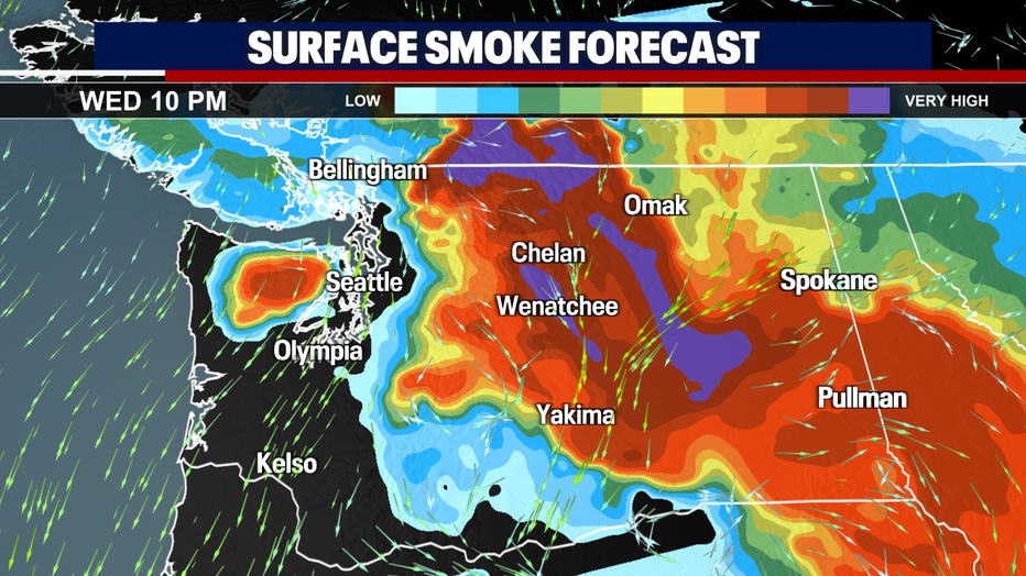 A map showing the surface smoke forecast in Washington State.
