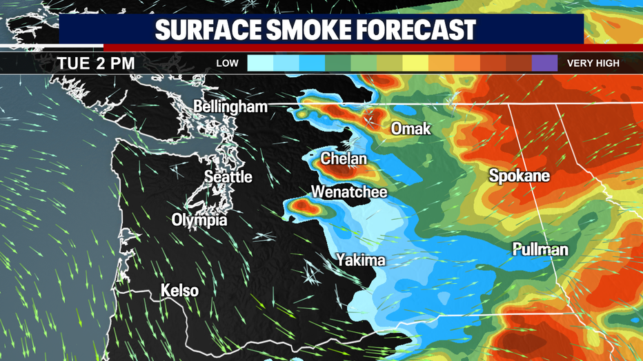 A map showing the surface level smoke forecast in Washington State.