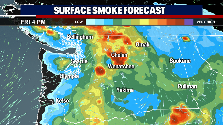 A map showing the areas where surface level smoke will be prevalent.