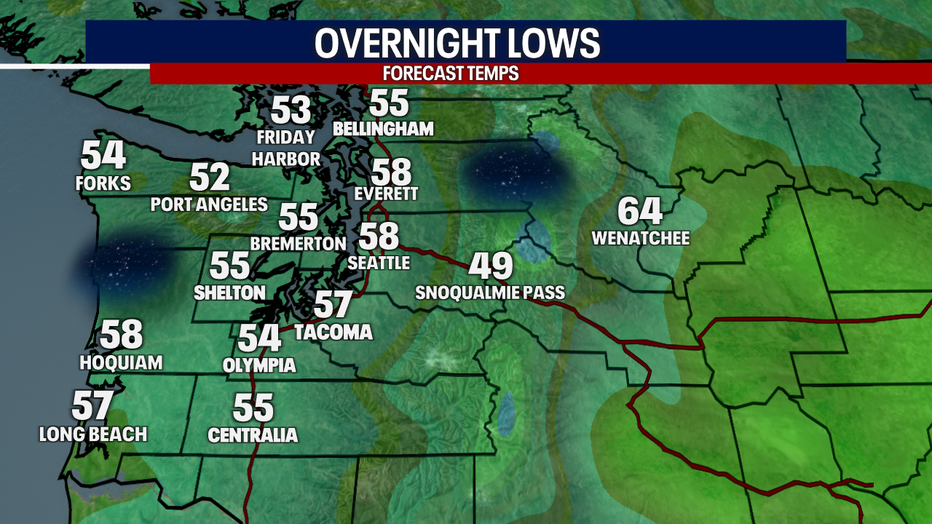 A map showing the low temperatures on Wednesday morning in Western Washington.