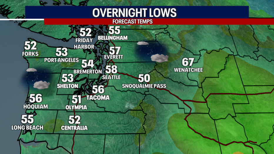 A map showing the low temperatures on Friday morning in Western Washington.