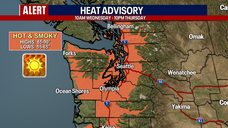 A map showing the areas of a heat advisory in Washington State.