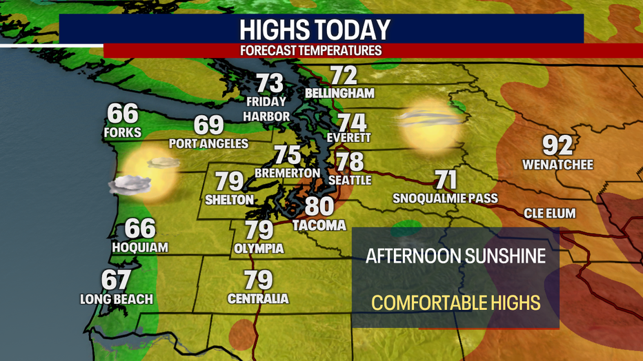 Forecast highs around the region on Monday.