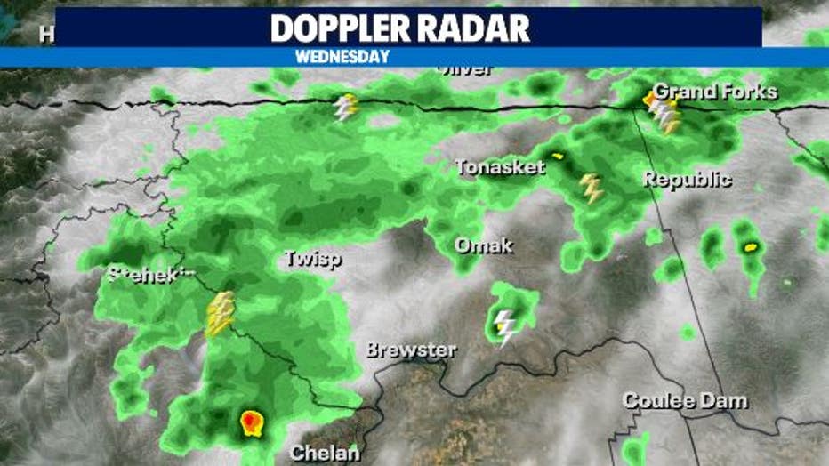 As the storms moved towards the Canadian border, areas like Omak and Twisp saw lightning strikes near the location of the Sinlahekin Fire