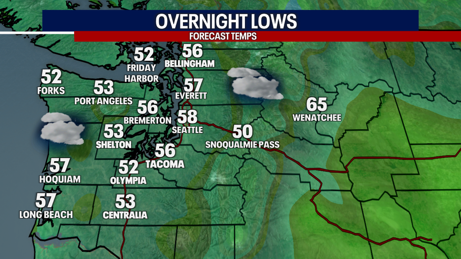 A map showing the low temperatures on Thursday morning in Western Washington.