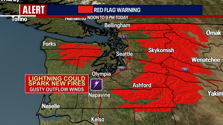 A map showing the areas where a Red Flag Warning has been issued in Washington.