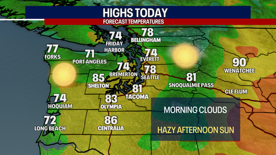 Forecast highs for the region on Monday.
