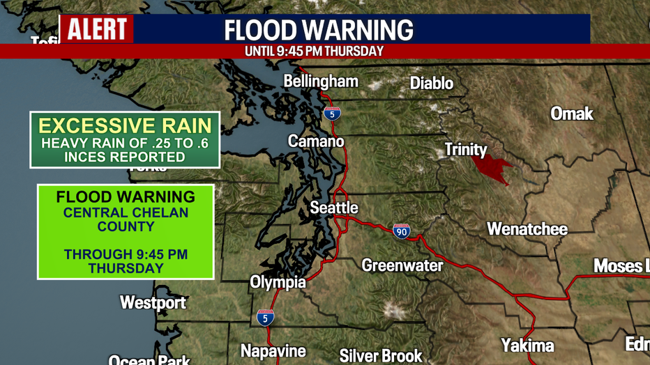 A Flash Flood Warning was also issued Thursday evening until 9:45 pm for the area of the burn scar in Chelan County. 