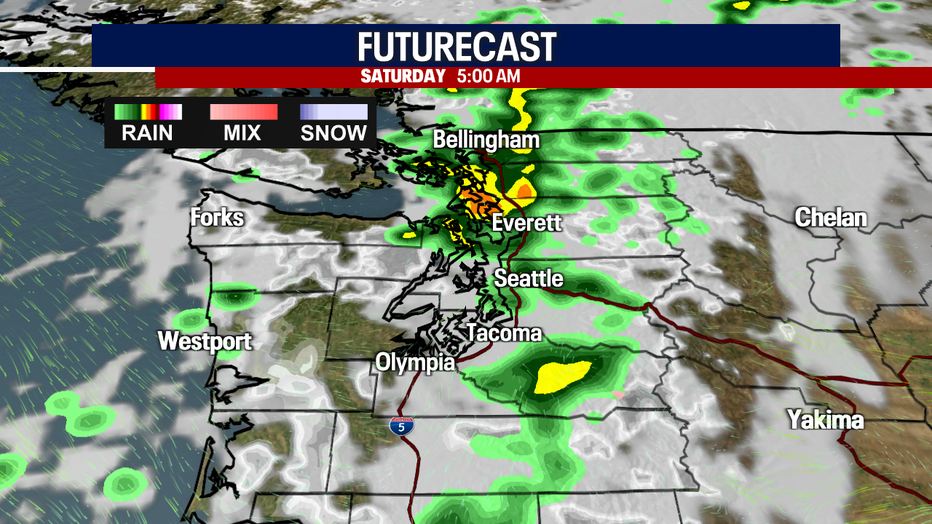 Seattle weather will turn wetter Saturday with scattered showers and possible thunderstorms.