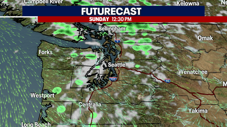 A few scattered showers early Sunday morning, drier by the afternoon. 
