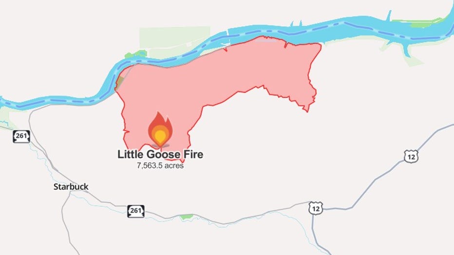 The Little Goose Fire is burning 7,564 acres southeast of the Nunamker Road Fire. The fire is 0% contained.