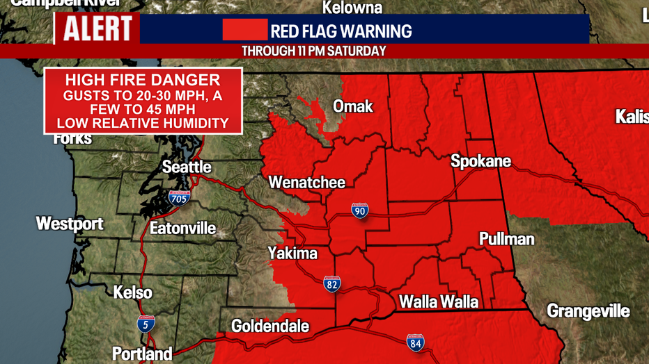 The gusty winds of up to 50 miles per hour in some locations prompted the National Weather Service to issue a red flag warning for a large portion of Central and Eastern Washington. 