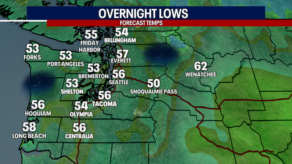 A map showing the low temperatures forecast for Tuesday morning in Western Washington.