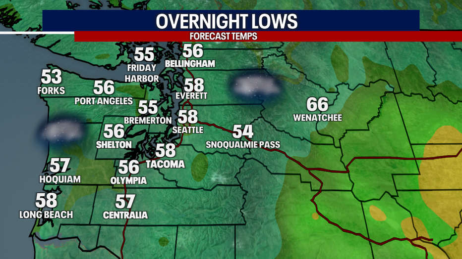 A map showing the overnight low temperatures in Western Washington.