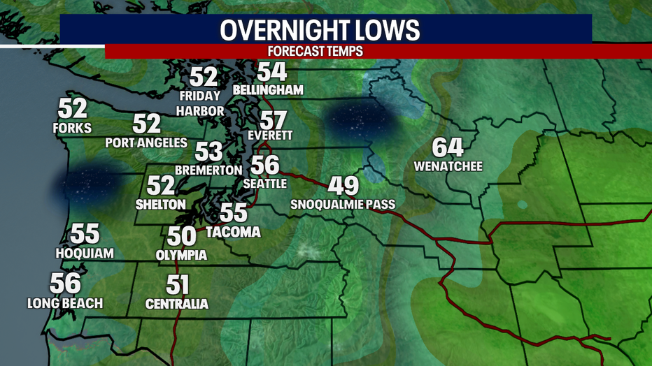 A map showing the overnight lows for Tuesday morning in Western Washington.