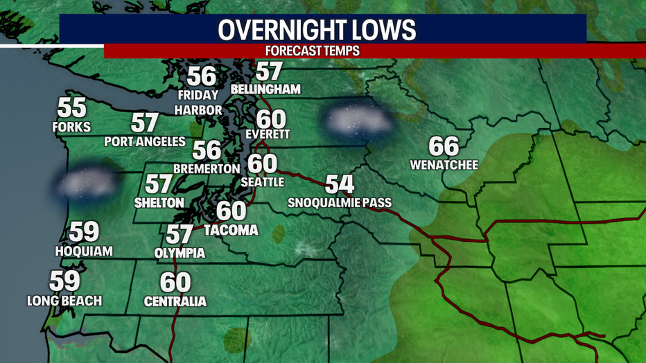 A map showing the overnight low temperatures in Western Washington.