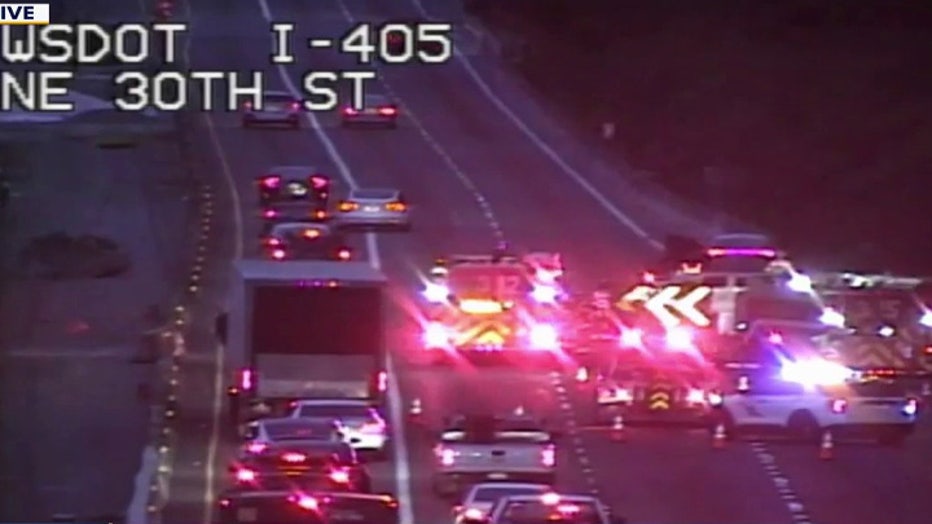 A Friday morning crash on northbound I-405 in Renton is blocking three right lanes and causing traffic delays.
The Washington State Department of Transportation reported the incident just south of Northeast 44th Street at 5:50 a.m.
Emergency crews and first responders remain at the scene, and no estimated reopening time is available.