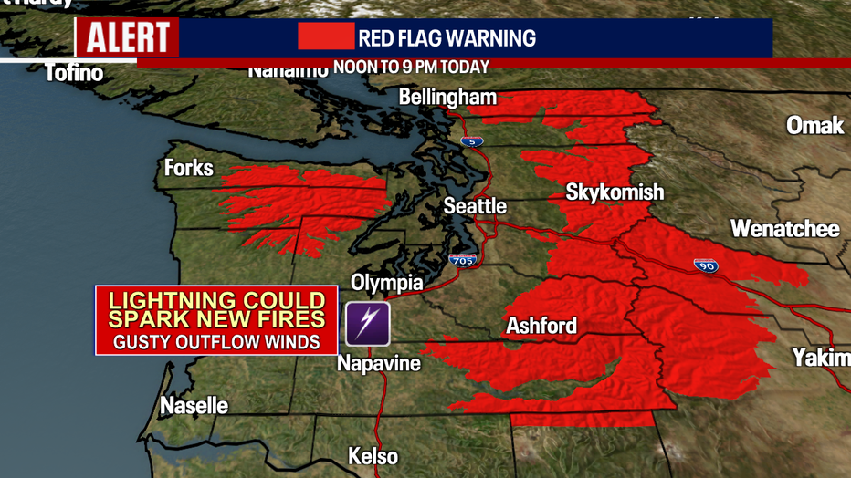 Seattle weather faces an elevated wildfire threat today as lightning could spark new fires in the Cascades and Olympics.