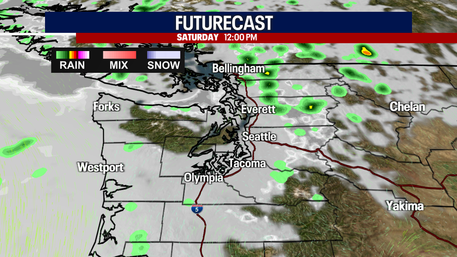 Seattle weather will turn cooler Saturday as isolated showers and thunderstorms become more likely, especially compared with today.