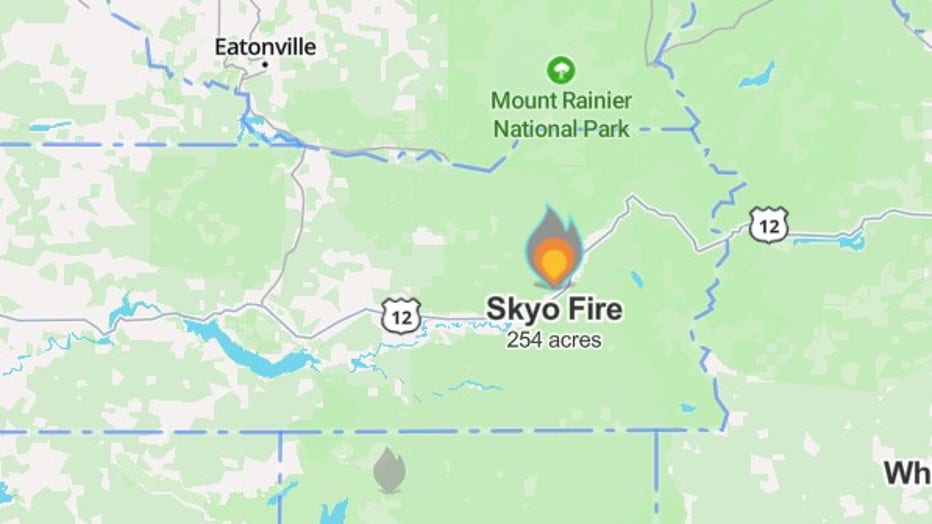 Map of the Skyo Fire burning in Lewis County, Washington