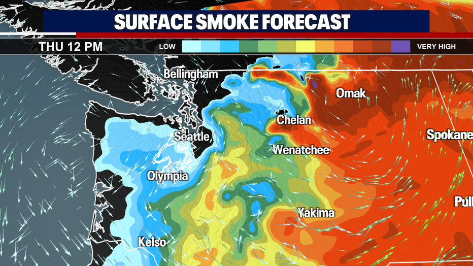 A map showing the surface level smoke forecast for Thursday afternoon.