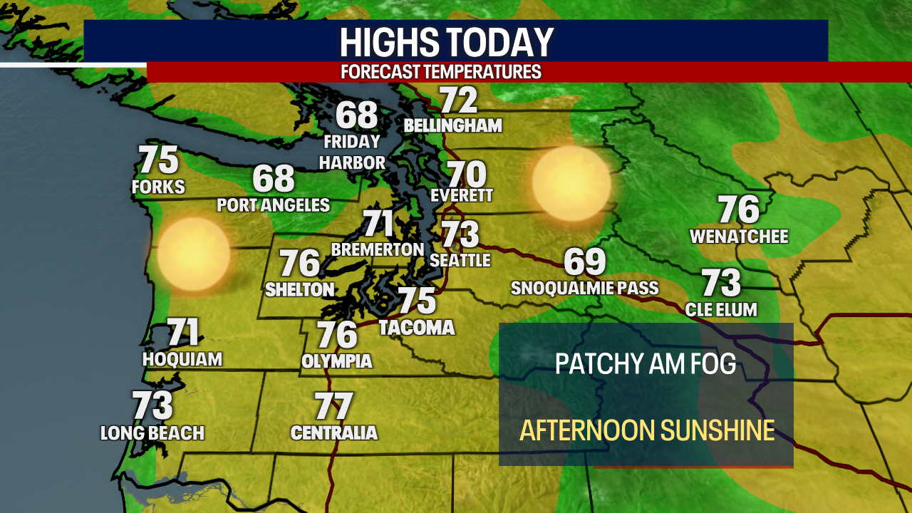Seattle weather: Patchy morning fog with sunshine, 70s on Wednesday