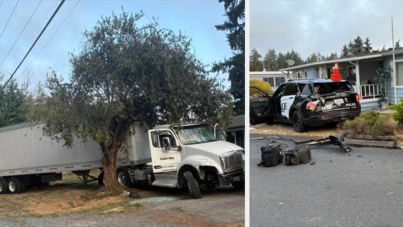 Driver rams police with stolen semi-truck, injures 4 officers in Everett, WA