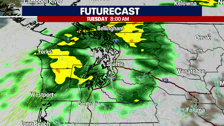 A map showing the rain futurecast for Tuesday morning.