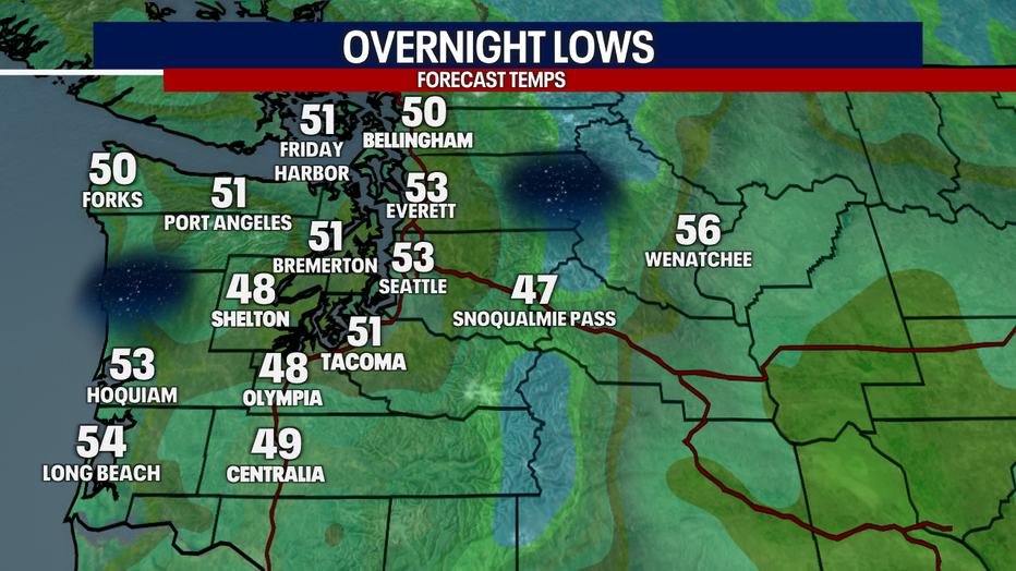 A map showing the overnight lows in Western Washington for Thursday night.