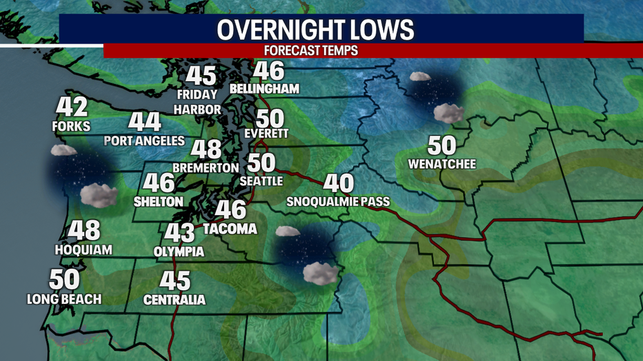 A map showing the overnight lows in Western Washington Tuesday night.