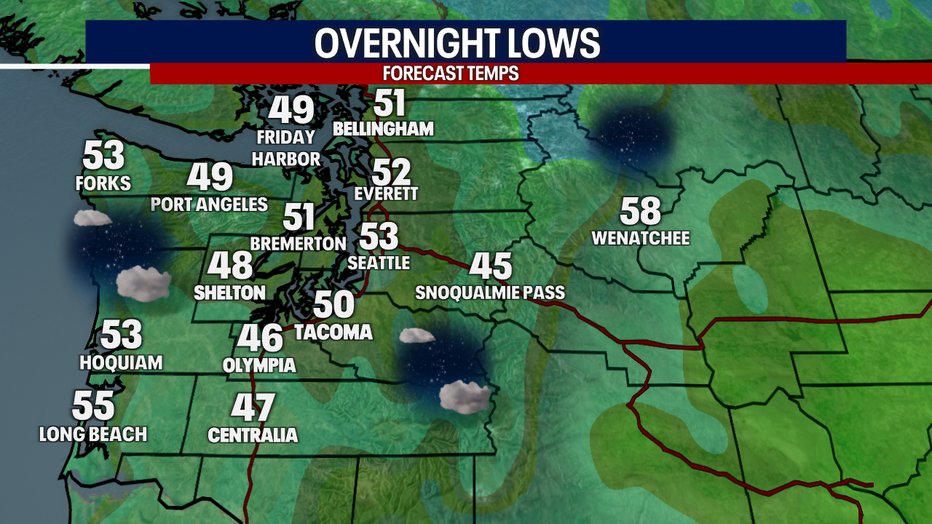 Overnight lows cooling to upper 40s and low 50s.