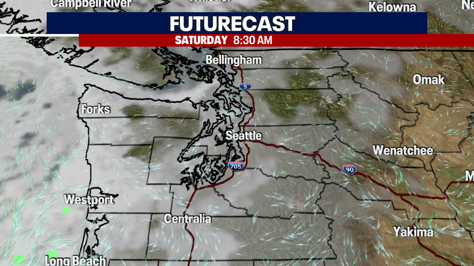 A map showing the futurecast for clouds and rain on Saturday morning.