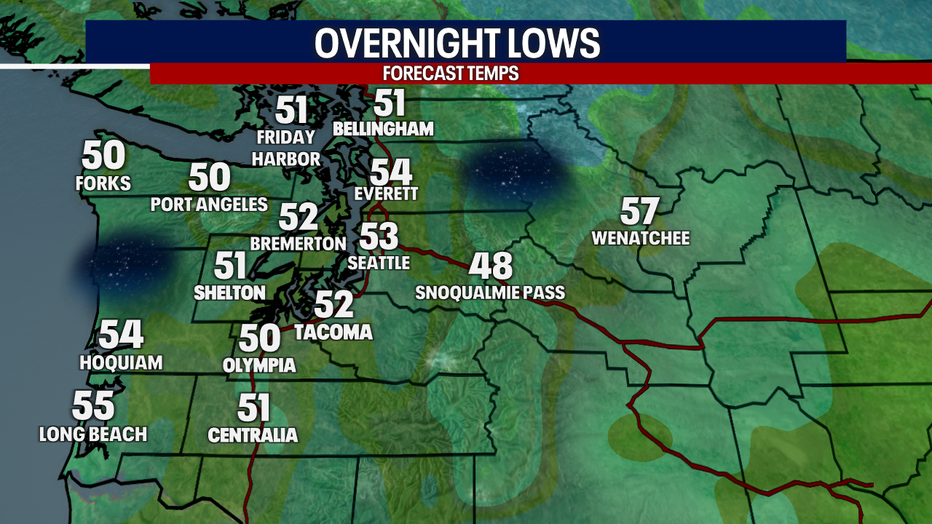 A map showing the overnight lows in Western Washington.