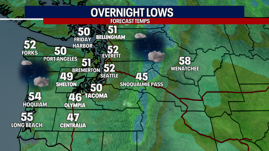 A map showing the overnight low temperatures expected in Western Washington on Friday night.