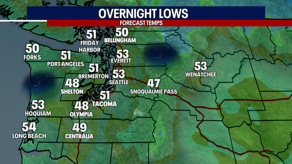 A map showing the overnight lows in Western Washington for Wednesday night.