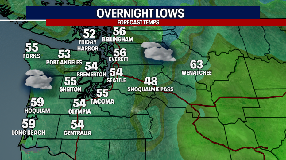 A map showing the overnight lows in Western Washington.