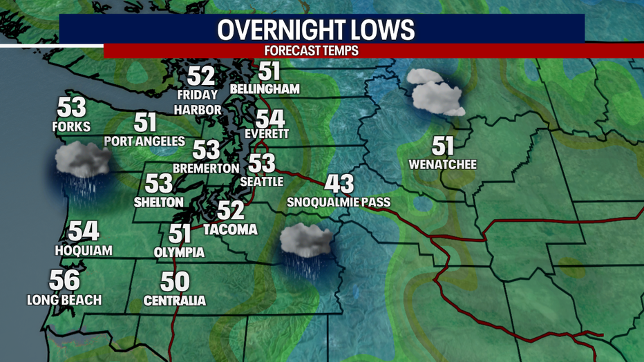 A map showing the overnight lows in Western Washington Monday night.