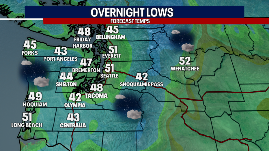 A map showing the overnight lows in Western Washington on Thursday morning.