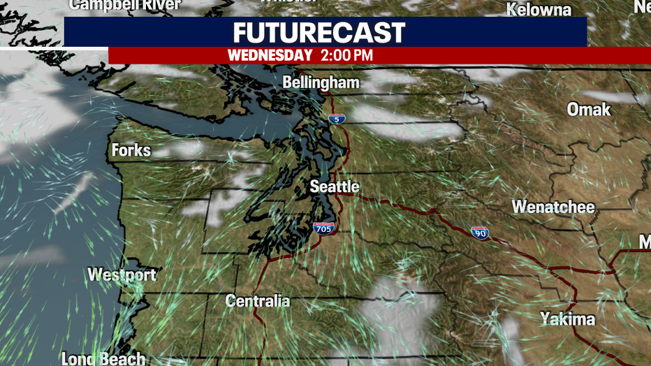 A map showing the clouds and rain futurecast in Western Washington.