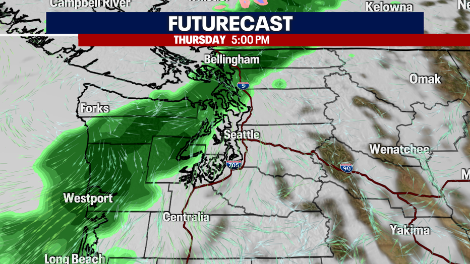 The cloud and rain forecast for Western Washington on Thursday evening.