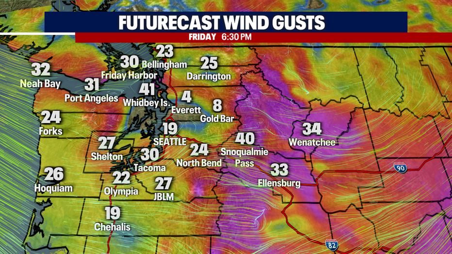 A map showing the Futurecast wind gusts for Friday.