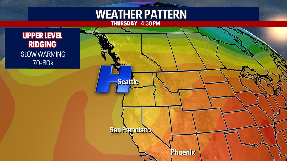 A map showing the ridge of high pressure over the Pacific Northwest on Thursday.