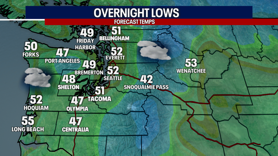 The overnight lows forecast for Saturday morning in Western Washington.