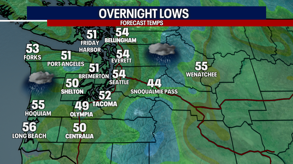 A map showing the overnight low temperatures expected in Western Washington Saturday night.
