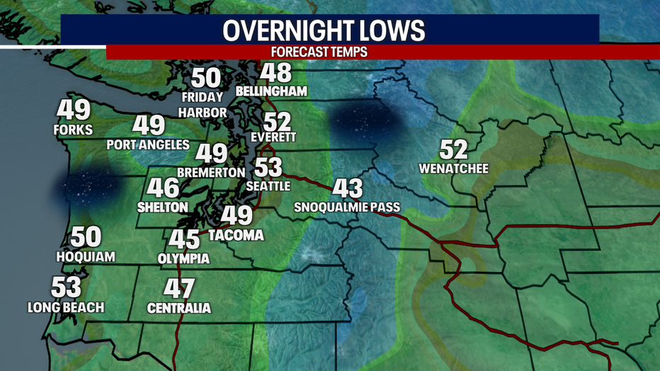 A map showing the overnight lows in Western Washington for Tuesday night.